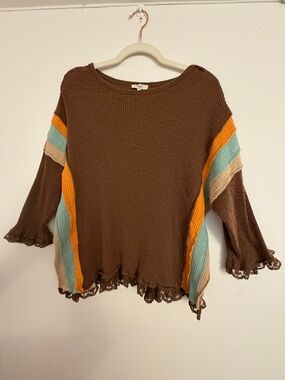 Easel Brown Ribbed Tunic Size M Slouchy Colorblock Side Stripes Exposed Seams